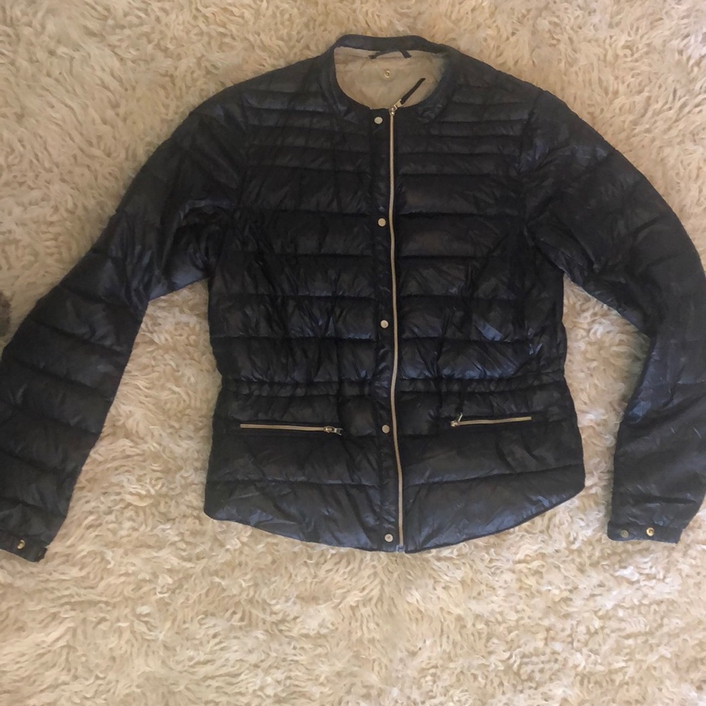 Lightweight, navy blue, synthetic puffer jacket